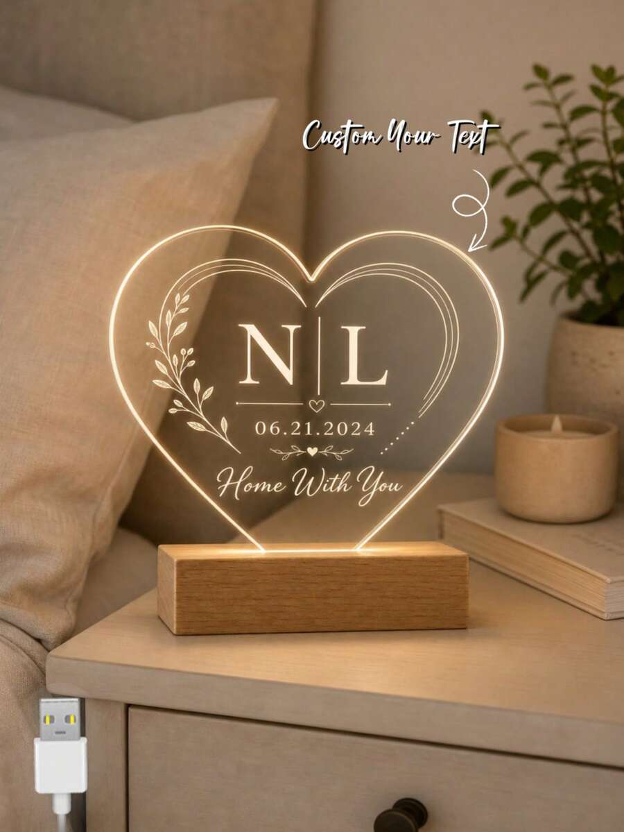 1PC Custom Heart Acrylic LED Night Light, Personalized Couple Initials Lamp With Date, Warm Bedside Decor Gift For Anniversary, Wedding, Engagement, Valentine's Day, Bedroom, Home, Romantic Room Decoration - Multicolor (Style 1) - View 1