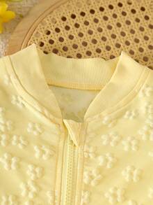 Girls' Casual Fashion Floral Textured Long Sleeve Zip-Up Jacket, Suitable For Daily Casual, Outdoor Activities And School Wear - Yellow - View 7
