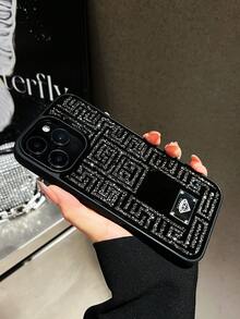 1件裝奢華重工水鑽希臘回紋全鑽金屬Logo輕奢迷宮圖案閃亮水鑽黑色底時尚創意手機殼，適用於 17Pro Max/17pro/17air/17/16promax/16/16pro/16plus/15/15promax/15plus15pro/14promax/14pro/14/13promax/13/13pro/13promax/12/12promax/12pro/11 - 灰色 - 查看 3