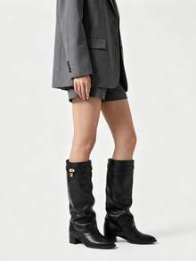 Bottes de mode printemps automne hiver, bottes hautes jusqu'au genou, bottes à revers, bottes western, bottes pantalon, bottes leggings, bottes pour filles à la mode, design à boucle, accrocheur, convient pour le quotidien intérieur extérieur fête, assortiment avec jupes shorts, bottes élégantes pour femmes, bottes de cheville pour femmes et bottes de cheville - Noir - Voir 4