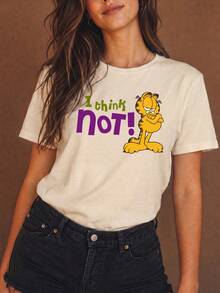 SHEIN | Garfield 女款米色寬鬆短袖T恤，交叉手臂卡通貓彩色標語 I Think Not 印花，日常街頭女孩休閒穿搭 - 杏色 - 查看 3