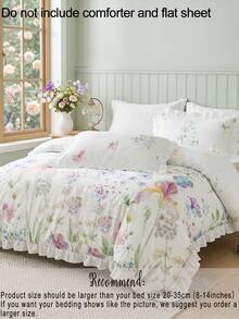Juego de ropa de cama de 3 piezas con estampado floral blanco y ribete con volantes completos - Incluye 1 funda nórdica y 2 fundas de almohada (sin rellenos), estilo campestre fresco, ligero y transpirable, lavable a máquina, ropa de cama floral, estilo campestre, decoración del hogar con volantes - Multicolor - Ver 8