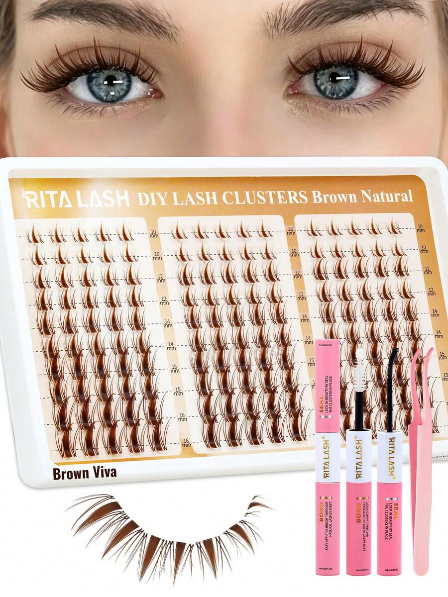 Brown Viva | RITALASH 150pcs Brown Lash Clusters Manga Eyelash Extensions 10-16MIX Spiky Cluster Lashes Fairy Individual Lashes Anime D Curly Eyelashes DIY At Home Kit With Bond&Seal And Tweezers - Brown - View 1