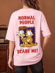 SHEIN | Garfield Women's Pink Double Sided Tee, Front Small Logo Back Cat & Dog Normal People Scare Me Red Text Print Loose Short Sleeve - Pink - View 2
