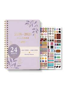 BUBU 1pc 2027-2028 Monthly Calendar Planner, 2-Year Spiral Bound Desktop Calendar Book Schedule Management Notebook, Includes Note Pages And 3 Sticker Pages, Large Writing Space, Monthly Planner Notebook, Office Desk Accessory, Back To School Supplies, College Essentials, Room Decor - Purple - View 1