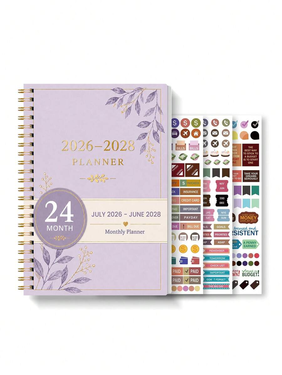 BUBU 1pc 2027-2028 Monthly Calendar Planner, 2-Year Spiral Bound Desktop Calendar Book Schedule Management Notebook, Includes Note Pages And 3 Sticker Pages, Large Writing Space, Monthly Planner Notebook, Office Desk Accessory, Back To School Supplies, College Essentials, Room Decor - Purple - View 1