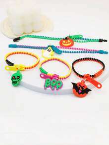 3pcs Halloween Decoration Bracelet Set, Pumpkin & Bat Dual-Color Cartoon #5 Zipper Bracelet, Suitable For Holiday Party Decoration And Halloween Party Decoration - Multicolor - View 6
