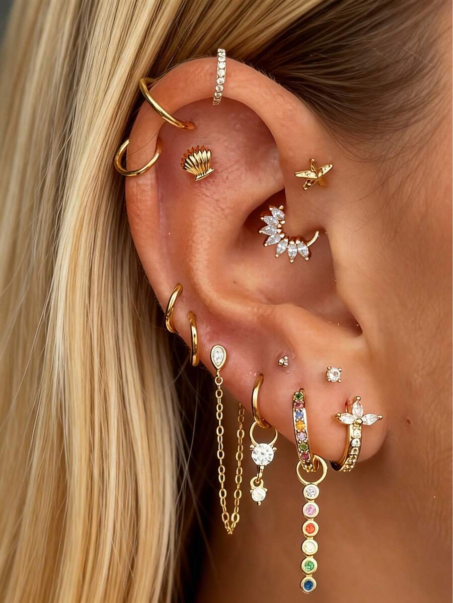 14pcs Exquisite Colorful Cubic Zirconia Earrings Set, Starfish Shell Stud Earrings Set, Women's Daily, Date, Party, Vacation, Layering And Matching - Yellow Gold - View 1