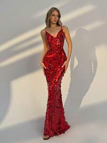 Elegant Red Spaghetti Strap Sequin Maxi Dress - Sparkling Evening Gown, Suitable For Weddings, Formal Parties, Summer Vacations, Proms And Graduation Parties In Autumn - Red - View 5