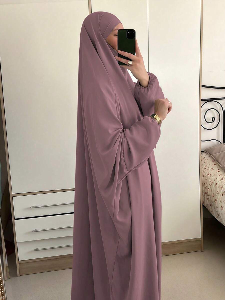 1件女款純色Nida布料透氣親膚寬鬆舒適繫帶式易穿著長袍,祈禱袍,杜拜長袍,希賈布 - 39#藕粉 - 查看 1