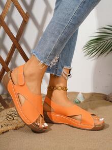 Plus Size Women's Fashionable Comfortable Lace-Up Wedge Sandals - Orange - View 5