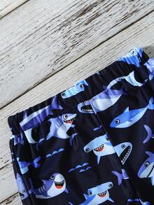 男童 2-7 歲鯊魚泳衣套裝，短袖高領拼接上衣與鯊魚印花泳褲，高彈性針織聚酯纖維，夏季海灘穿著小男孩衝浪服 - 寶藍色 - 查看 7