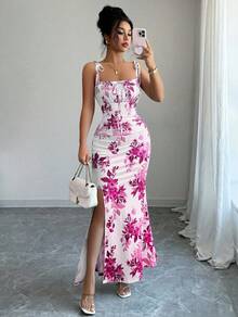 Women's Floral Mermaid Maxi Dress With Thin Straps And Bow, Square Neck, Ruched, Bodycon, For Wedding Guests, Beach Vacations And Date Nights. - 粉色 - 查看 6