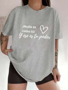 eta Motivacional en Español para Mujeres - Frase en Español y Detalle de Corazón, Cuello Redondo y Manga Corta, Ideal para Aprendices de Español, Ropa Casual y Eventos de Práctica del Idioma - Negro - Ver 2