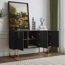 Modern 3-Door Sideboard With Adjustable Shelves, U-Shaped Cabinet Doors And Metal Handles And Base For Dining Room And Kitchen - Black - View 6