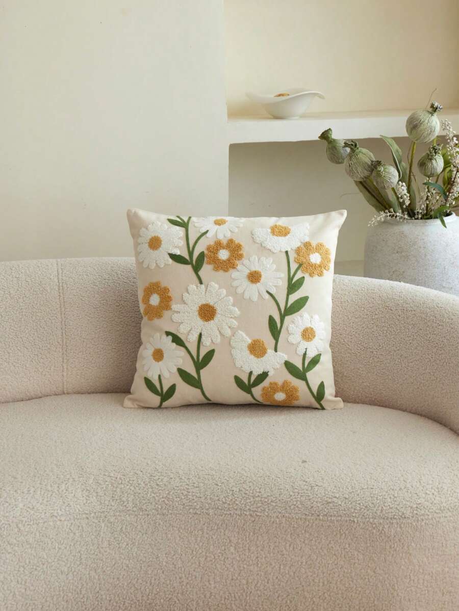 LCUHPCL 1pc Country Style 3D Embroidered Multi-Color Daisy Flower Pillow Case Home Decor Suitable For Living Room, Bedroom, Party And Various Environments