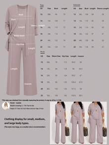 3-Piece Plus Size Women Casual Solid Color Outfit: Jacket/Cardigan + Round Neck Sleeveless Top + Elastic Waist Straight Leg Pants, Soft Stretchy Fabric, Loose Fit, Comfortable For Commuting, Spring/Autumn/Winter Elegant Summer - Taro Color - View 6