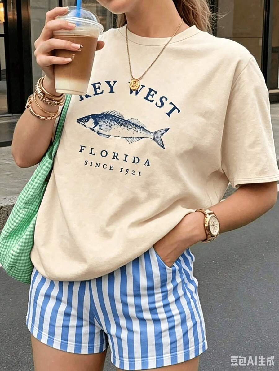 Camiseta Básica Mexicana Patriótica para el Día de los Caídos 100% Algodón Tallas S-3XL para Mujer, Estilo Casual de Verano con Estampado de Peces de Key West, Florida, Holgada y Versátil, C - Albaricoque - Ver 1