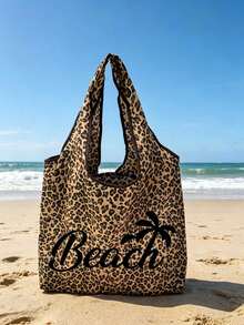 大容量豹紋海灘托特包，印有 BEACH 與椰子樹圖案，時尚單肩包，易折疊設計，夏季旅行必備包，適合海灘旅行、泳池派對、購物與日常使用，適用於女性、青少年、大學生、白領、旅行者與海灘愛好者，完美契合夏季、返校季、畢業季，適合送禮，多功能設計，可作為海灘包、購物袋、腋下包與後背包使用 - 彩色 - 查看 8