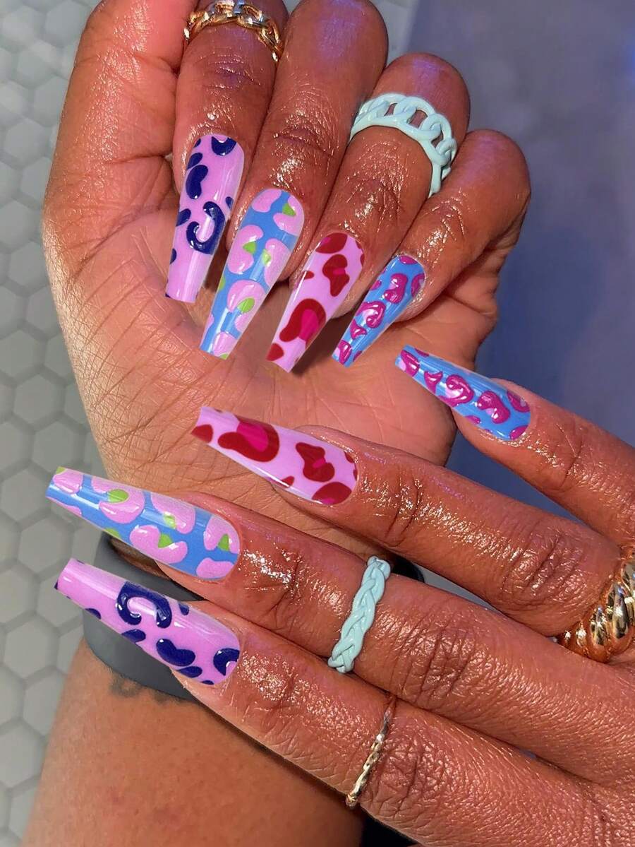 24pcs Y2K Long Coffin Shape Glossy Colorful French Press-On Nails, Colorful Leopard Print Design, Dopamine Color Style, Easy To Wear Acrylic Fake Nails Set, Includes 1pc Jelly Glue And 1pc Nail File, Suitable For Women's Daily And Party Use - Multicolor - View 1