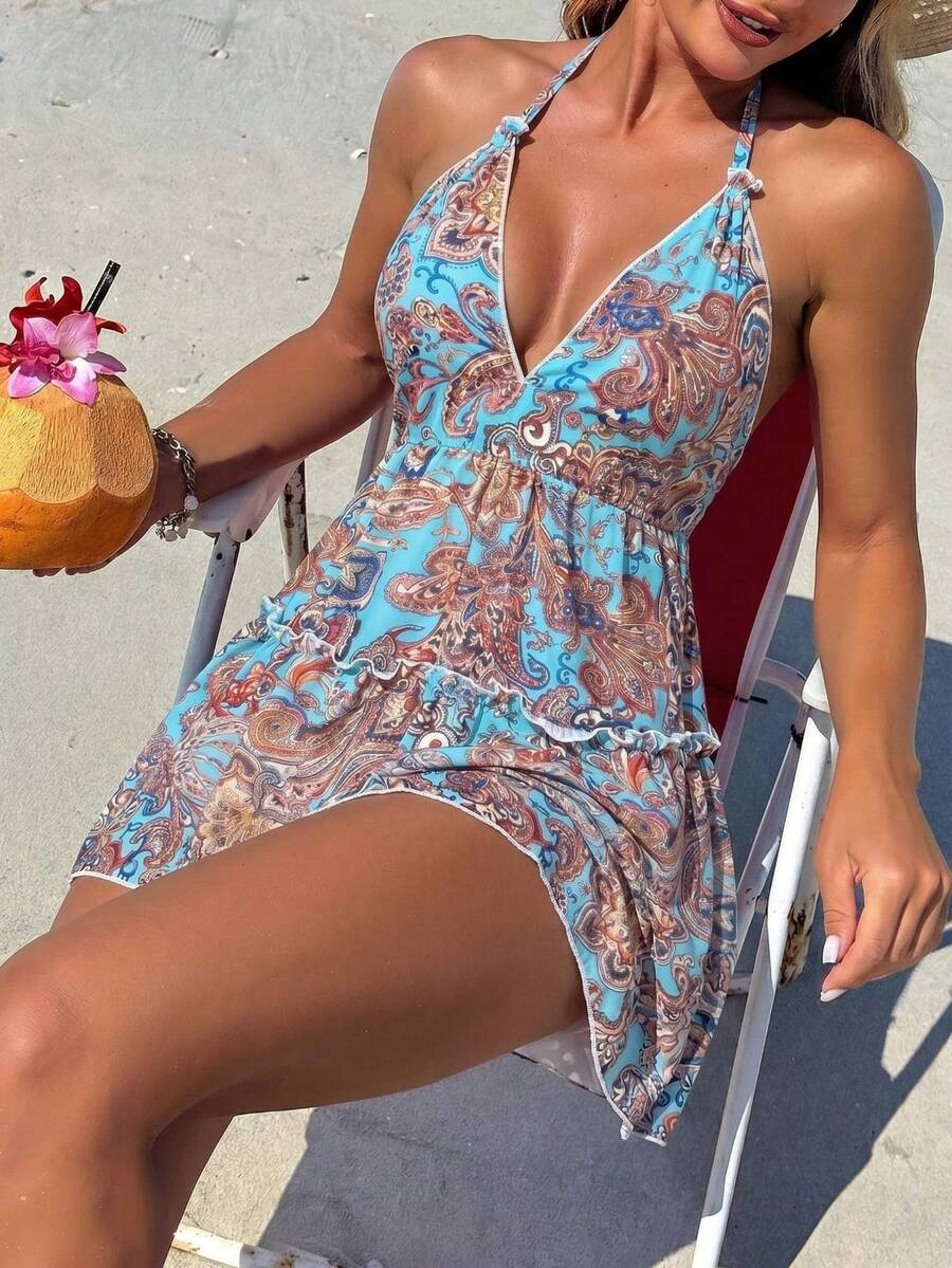 Bohemian Vacation Style All-Over Print Deep V Halter Neck Tie Layered Ruffle Mini Dress Spring/Summer New,Sexy And Vacation Style Dress Elegant - Multicolor - View 1