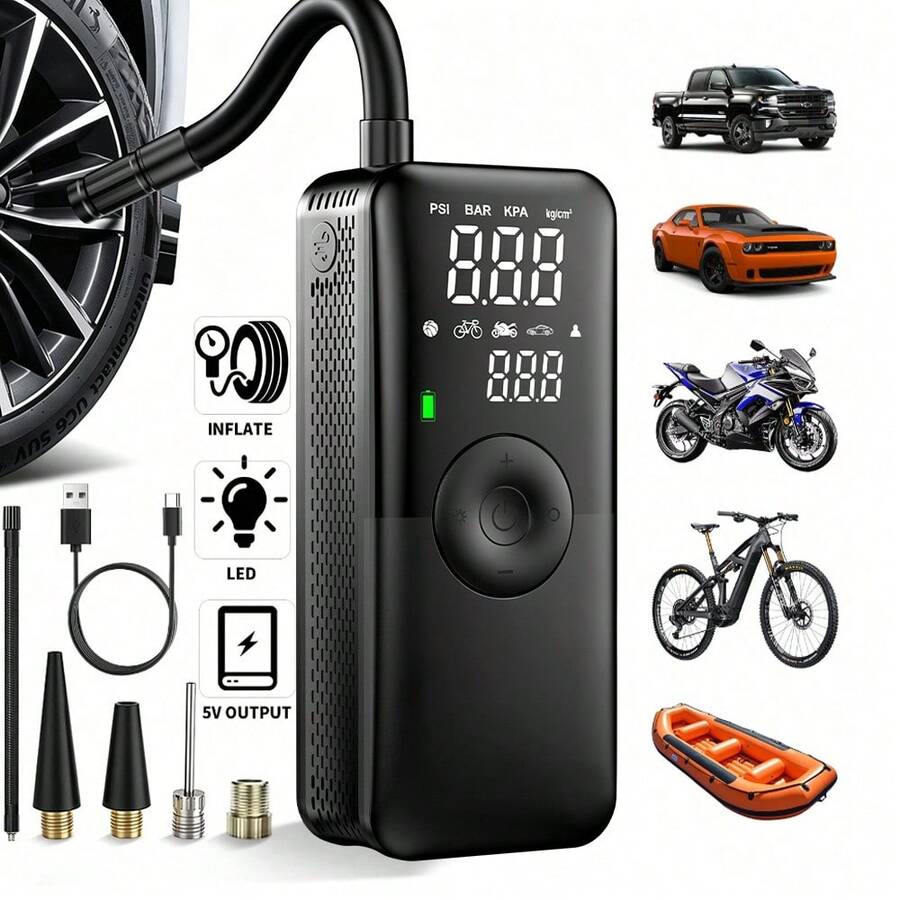 Carsun 无线轮胎充气泵，便携式空气压缩机，150PSI 双电源供电，2600mAh*2 和 12V 直流，适用于汽车轮胎、摩托车、自行车，荣获 iF 设计奖，带 LED 灯和数字压力表，电动充气泵，女士汽车配件