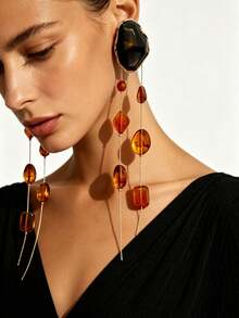 1 Pair Vintage Vacation Style Gold-Rimmed Caramel Tie Dye Asymmetrical Resin Slice Double-Strand Long Tassel Earrings, Women's Beach Commute Daily Party Atmosphere Earrings - Golden Yellow + Tortoiseshell - View 2