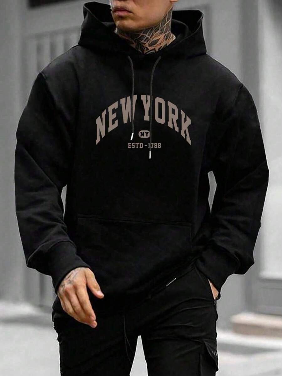 Men's Fashion New York Letter Print Pullover Hoodie, Drawstring Design ...