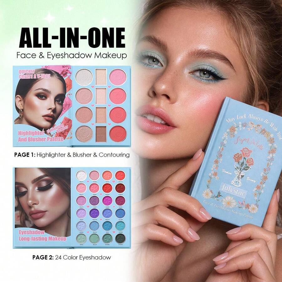 Julystar Dual Page Face Eye Integrated Makeup Palette, Sculpt Contour Flush Blush Luminous Highlight & Multi Tone Eyeshadow, Mild Skin Friendly Formula, Long Lasting Non Creasing On Eyelids