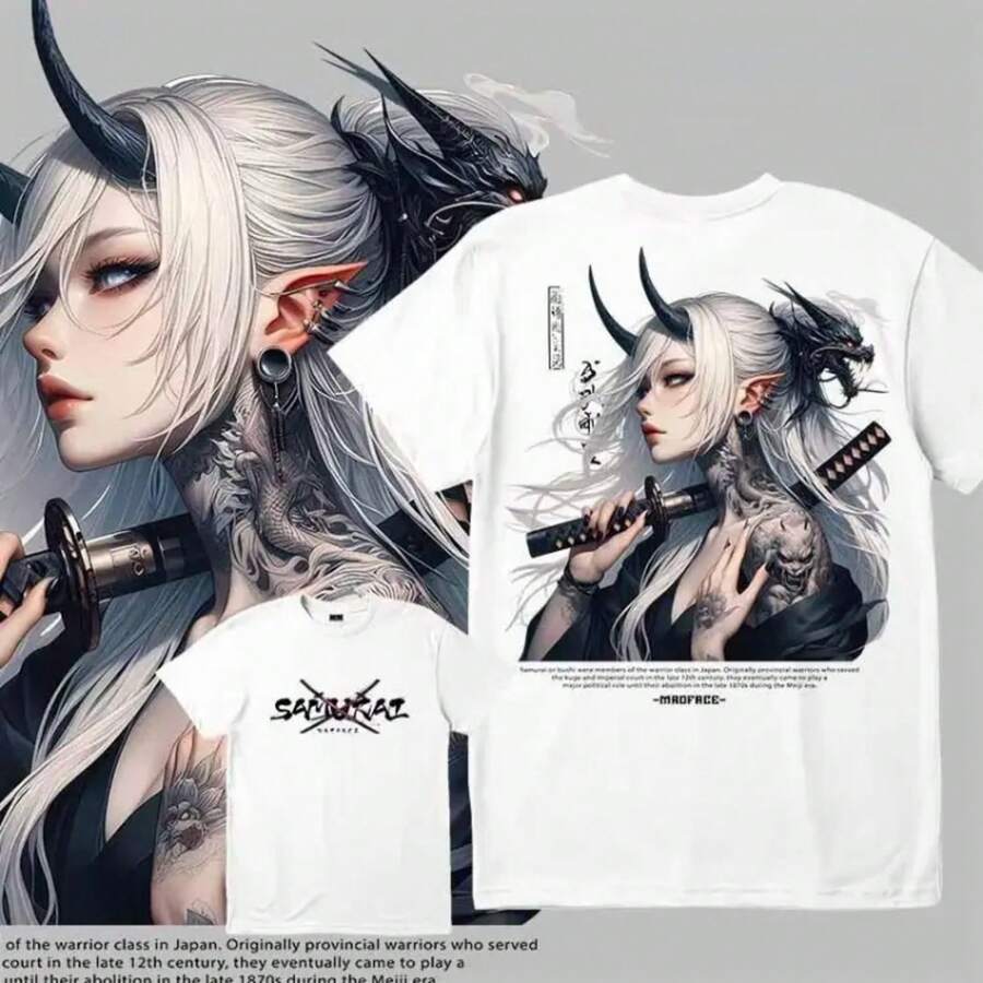 Unisex Black T-Shirt 100% Unwashed Cotton, A320 Geisha Design With Hannya Mask, Anime And Samurai Style, Streetwear Aesthetic Fashion, Casual Wear For Men And Women, Perfect For Use - 黑與白 - 查看 1