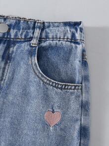 1pc Girls Bow Decor Heart Embroidery Wide Leg Loose Casual Y2K Street Style Denim Jeans - Light Wash - View 5