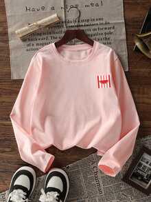 Tween Girl 1pc Printed Long Sleeve T-Shirt, Suitable For Tween Girls' Autumn/Winter Top, Young Student Children's Clothing, Suitable For Outerwear And Layering - Pink - View 3