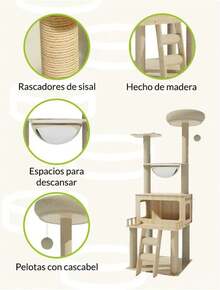 MATCHI Torre para Gatos Multi-Nivel con Rascadores – Modelo Hamaca Altura 1.38 (G, Modelo Barandal) - Rojo y blanco - Ver 3