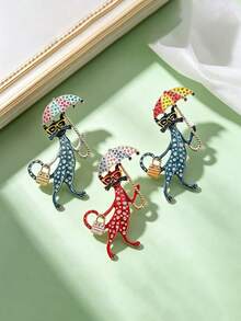 Cute Cat With Umbrella Brooch Pin For Women, High-End Luxury Versatile Kitten Brooch Corsage - Multicolor - View 7