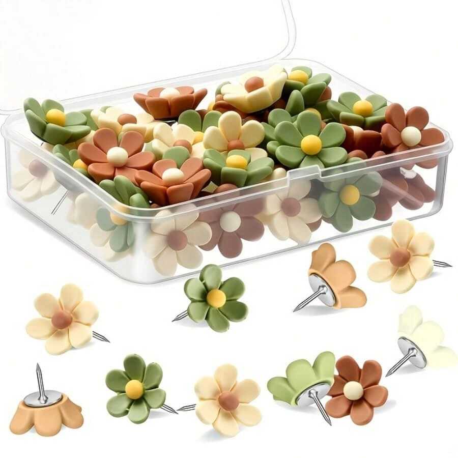 30pcs Vibrant Floral Pattern Push Pins - Cute Decorative Pins For Cork Walls, Women's Fashion Desktops And Partition Decor - Multiple Sizes, Versatile Use - Sets - View 1