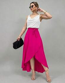 Long Wrap Skirt With Tie Fashion Blogger - Hot Pink - View 3