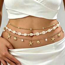 3pcs Bohemian Vacation Style Ocean Series Shell & Starfish Women's Waist Chain, Suitable For Beach Holiday Wear - Yellow Gold - View 1