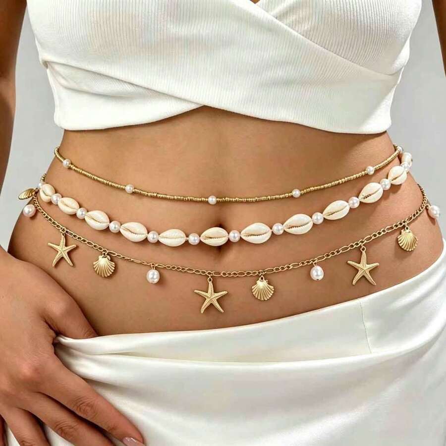 3pcs Bohemian Vacation Style Ocean Series Shell & Starfish Women's Waist Chain, Suitable For Beach Holiday Wear - Yellow Gold - View 1