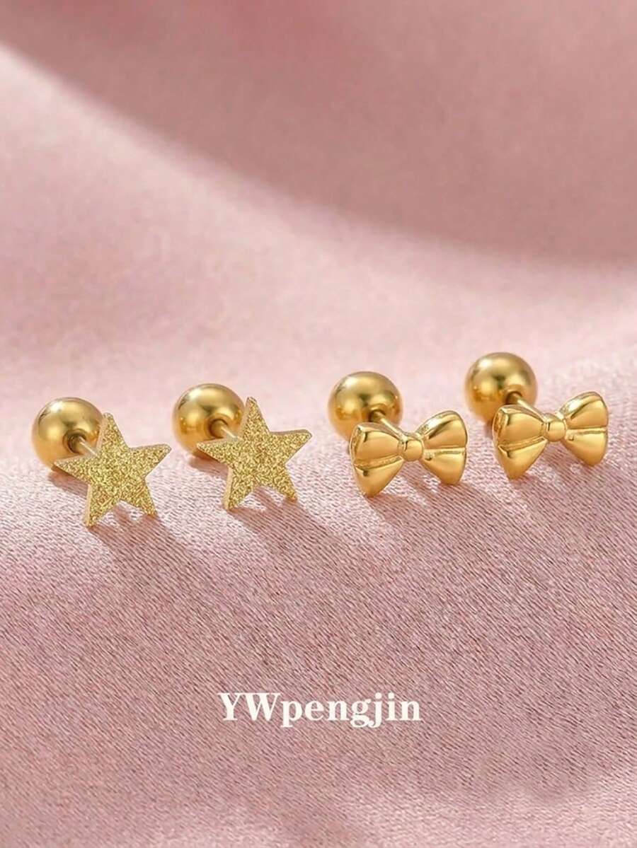 2 Paar/Set Kinder Minimalistisch Süß Niedlich Exquisit Sandgestrahlt Stern und Schleife Gold Ohrstecker, Ideales Geschenk für Mädchen, Kinder, Familie, Freunde, Klassenkameraden, Schwestern, Töchter, Geeignet für Straße, Urlaub, Party, Date, Feiertag, Geburtstag, Jahrestag, Täglicher Gebrauch Schmuckzubehör - Gold - Übersicht 1