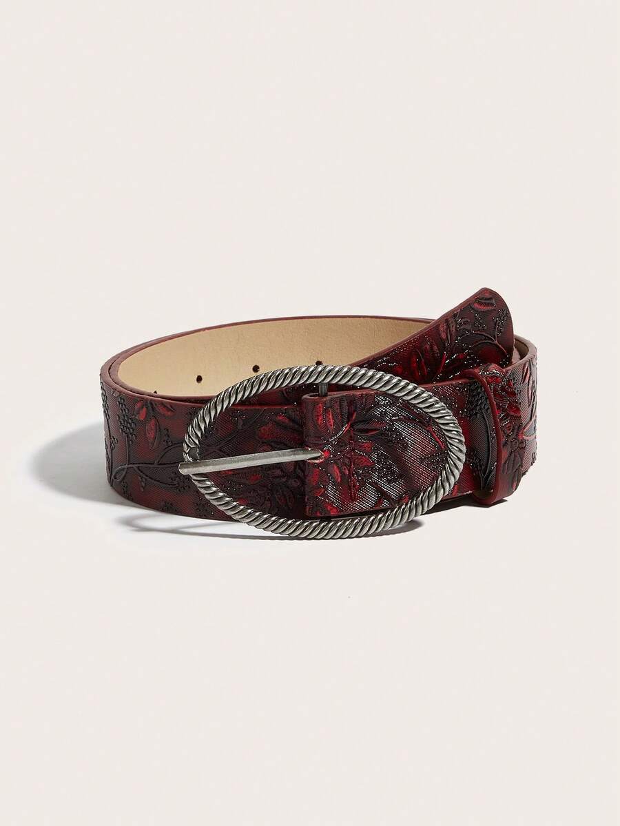 1 buah Sabuk Wanita Gaya Vintage dengan Gesper Bulat, Cocok Dipadukan dengan Gaun dan Mantel - Burgundy - View 1