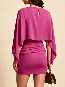 Enfärgad bodycon-klänning med fladdermuslapp, 2 i 1, rynkad, elegant sommarklänning för utekväll, semester, födelsedagskalas och vardagsbruk - Skrikrosa - Visa 4