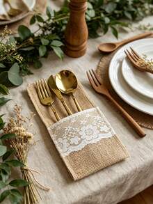 Linen Lace Cutlery Pouch, Rustic Coarse Linen Long Tableware Storage Sleeve For Birthday Party Christmas Table Decor - Multicolor - View 9