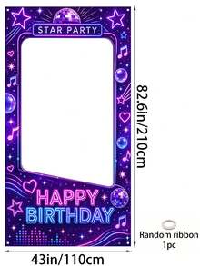 1pc Purple Disco Style Happy Birthday Hollow Background Cloth, Birthday Party Photo Frame Hanging Backdrop With Mirror Ball, Star, Music Note Neon Print, Adult Birthday Party Living Room Wall Decor Prop - Music - View 14