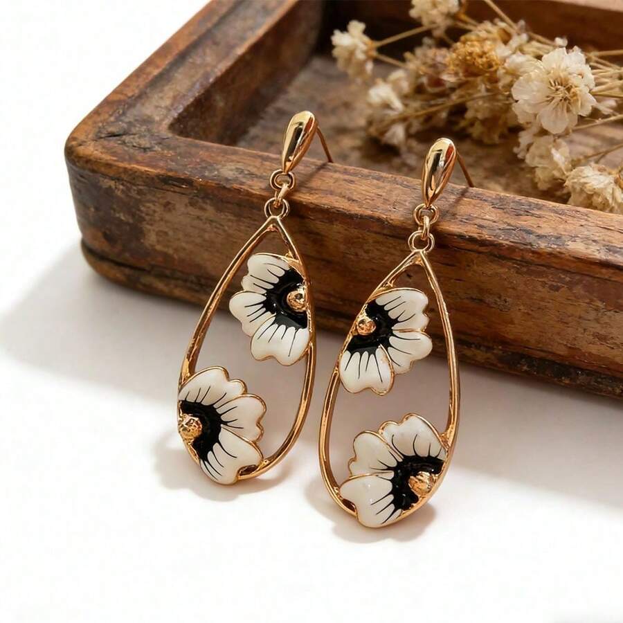 Pendientes Florales Bicolor de Esmalte Retro, Pendientes de DiseñÚnico en Forma de Gota de Agua, Pendientes Elegantes de Lujo - Multicolor - Ver 1