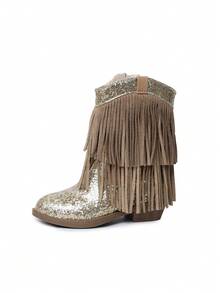 NILOSH Girls' Glitter Tassel Denim Boots, Western Mid-Calf Boots, Suitable For Parties, Dancing And Performances - Gold - View 11