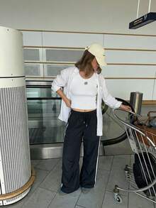 Drawstring Side-Stripe Loose Wide-Leg Parachute Pants - Black - View 3