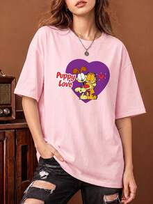 SHEIN | Garfield 女款粉色寬鬆短袖T恤，紫色愛心卡通貓狗小狗Love紅色標語印花，約會街頭穿搭 - 粉色 - 查看 2