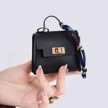 Mini Handbag Shape Leather Keychain Pouch With Silk Scarf, Twist Lock Zipper Earphone Coin Storage Cute Bag Charm For Girls - Multicolor - View 9