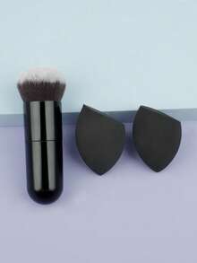 1pc Large Fluffy Foundation Powder Brush + 2pcs Black Makeup Sponge Set, Soft Dense Bristles, Multi-Functional Face Makeup Tool Kit, Suitable For Blush, Concealer - Multicolor - View 4