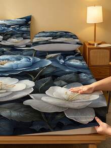 3pcs Ink Floral Pattern Fitted Sheet Set (Includes Pillowcases), Suitable For Spring Room Decor, Skin-Friendly Soft Breathable Fitted Sheet/Bedspread, Applicable For Home, Hotel, Bedroom - Multicolor - View 2